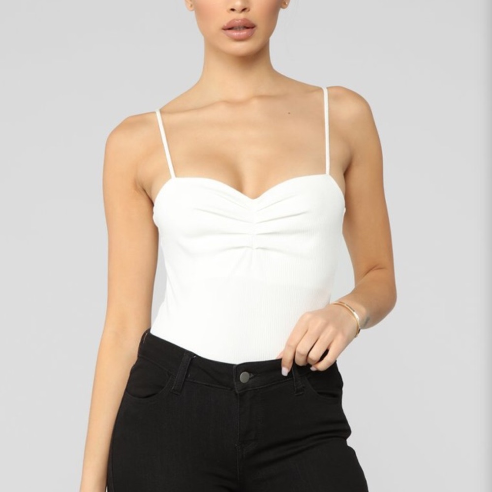 White Ruched Ribbed Bodysuit - Picture 2 of 6